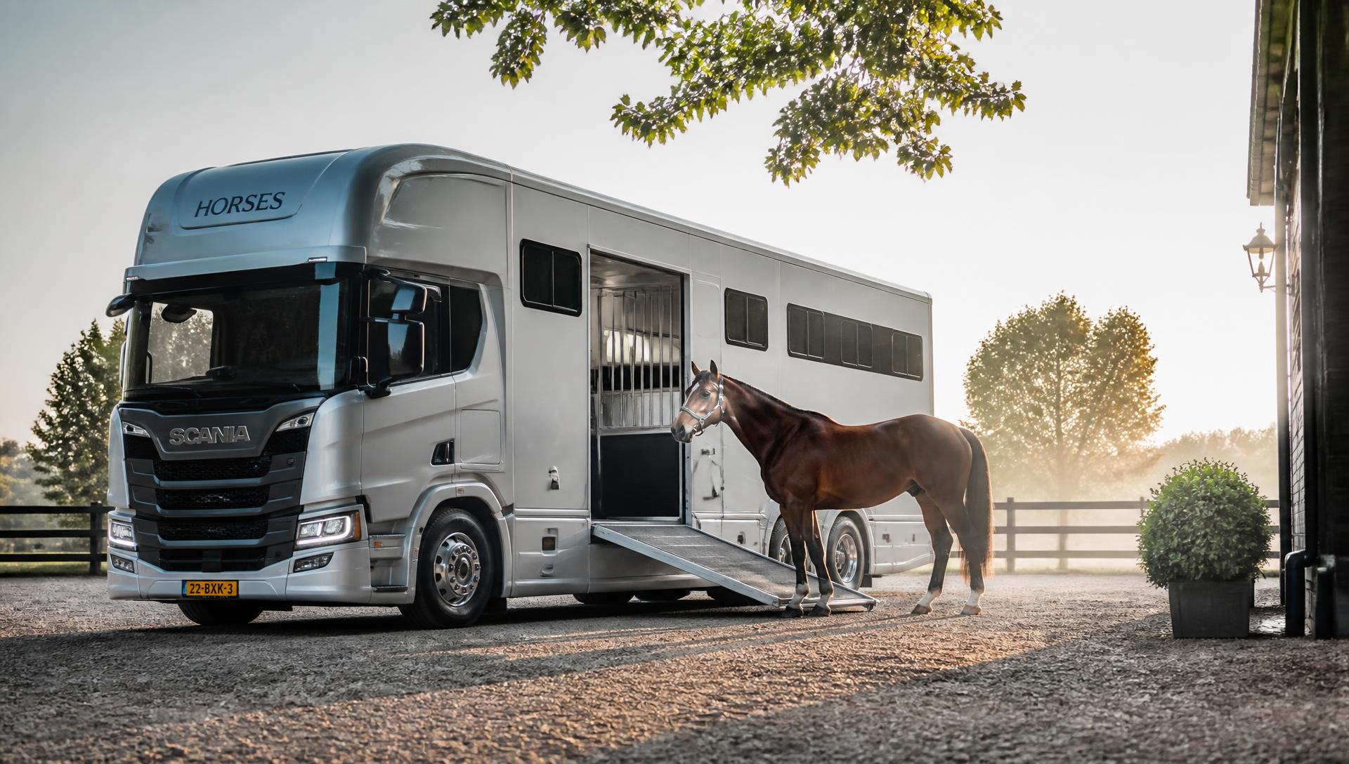 Zilverkleurige paardenvrachtwagen met openstaande oprijklep en een bruin paard ernaast op een erf